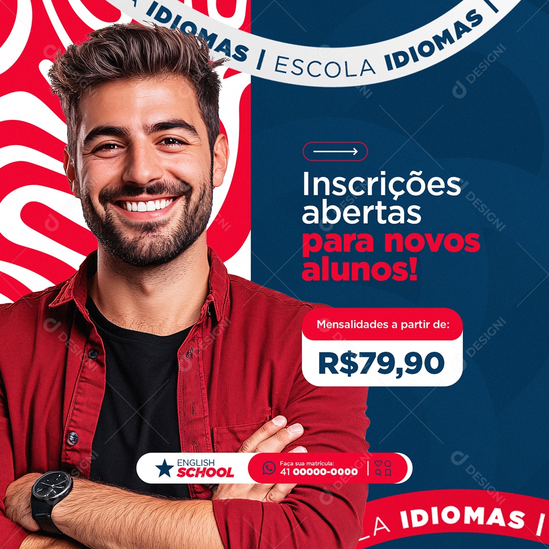 Escola de Idiomas Inscrições Abertas Social Media PSD Editável