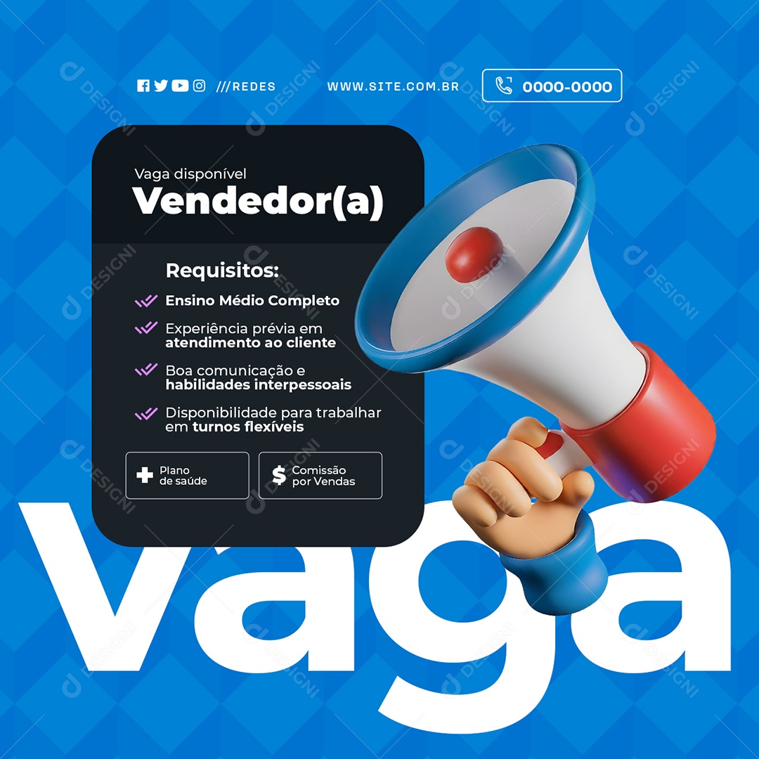Vaga de Emprego Vaga Disponível Vendedor Social Media PSD Editável