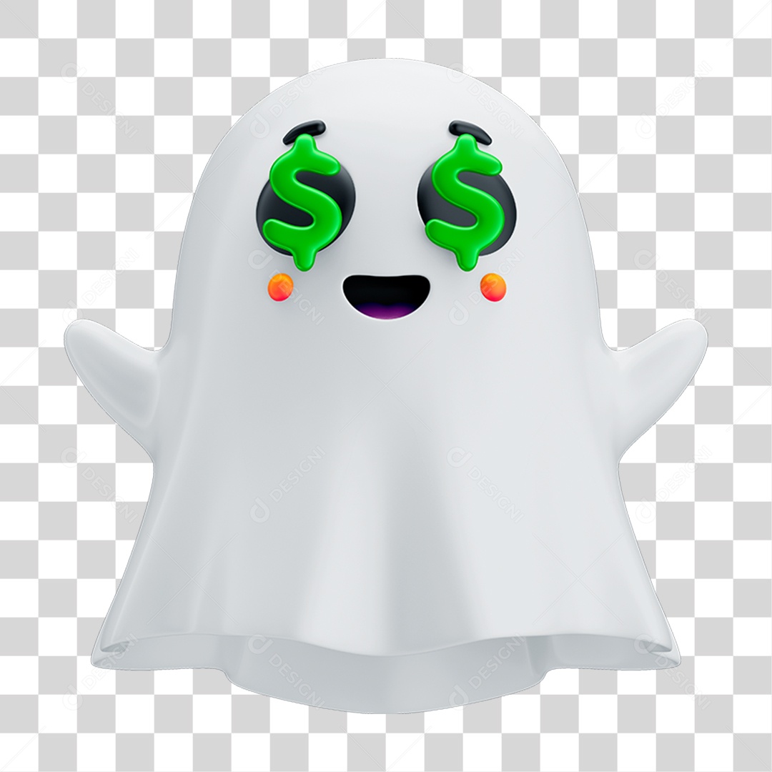 Emoji Fantasminha com Reação de Dinheiro para Composição PNG Transparente