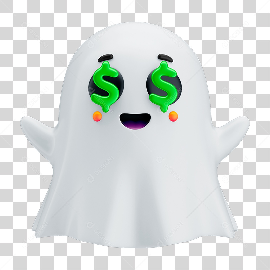 Emoji Fantasminha com Reação de Dinheiro para Composição PNG Transparente