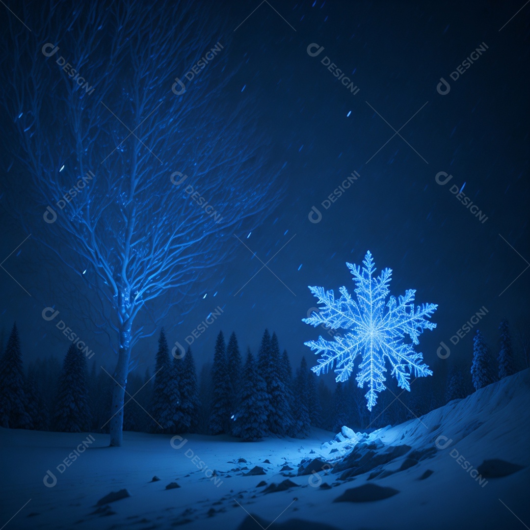 Linda árvore sem folhas em uma noite de neve