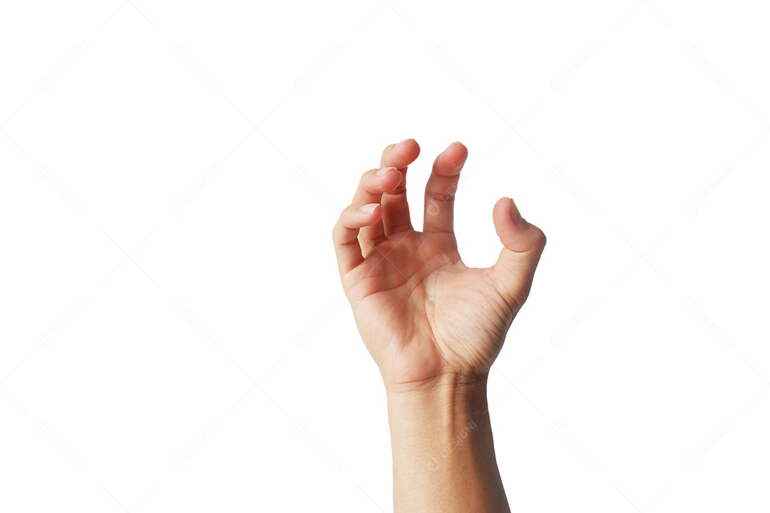 A mão do homem asiático aparecendo gesto no fundo branco