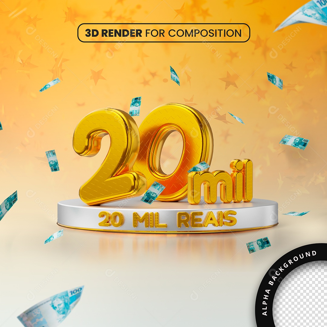 Selo 3D 20 Mil Reais Dourado Para Composição PSD
