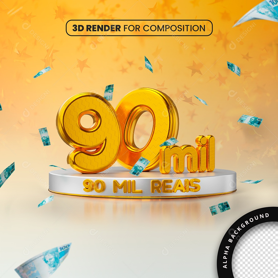 Selo 3D 90 Mil Reais Dourado Para Composição PSD