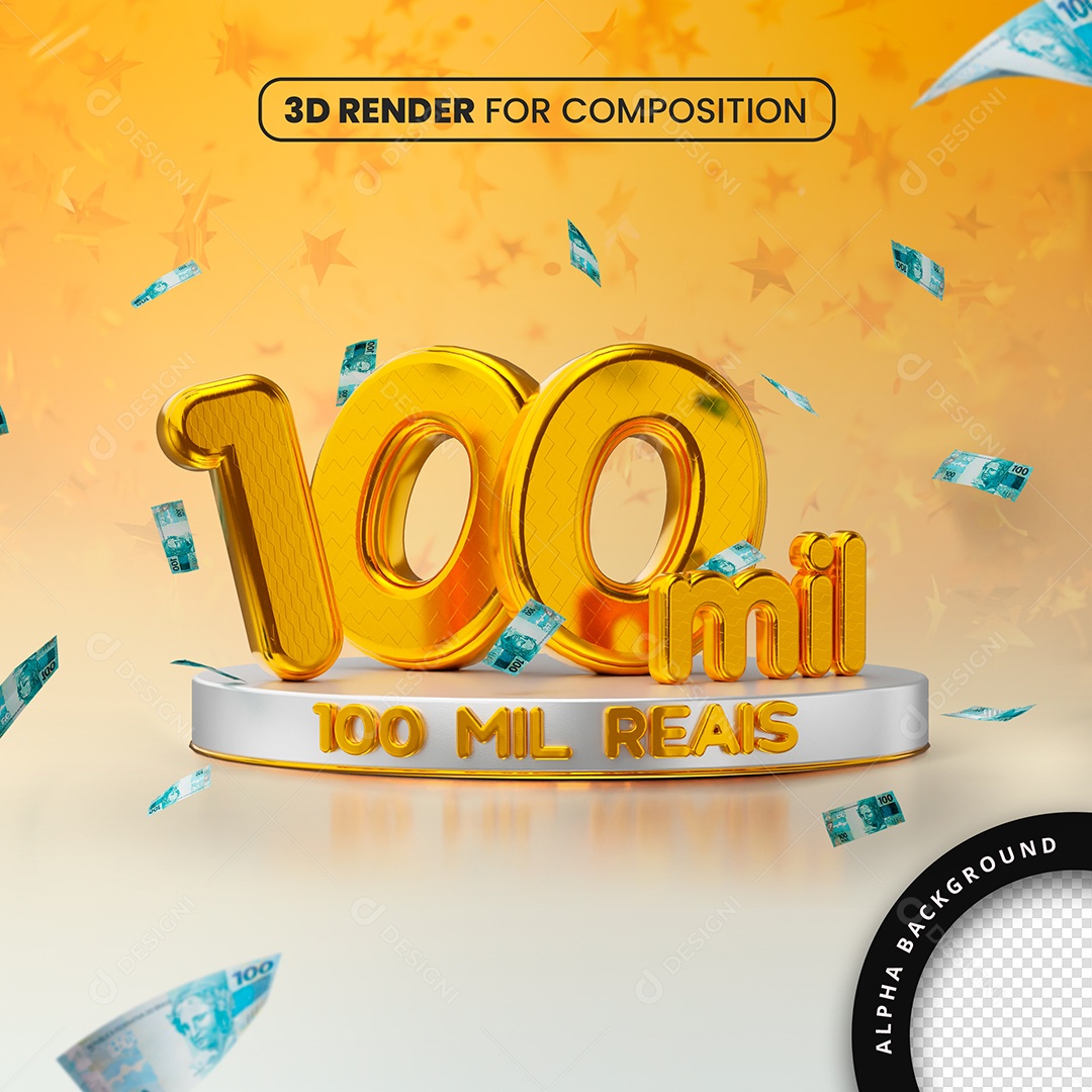 Selo 3D 100 Mil Reais Dourado Para Composição PSD