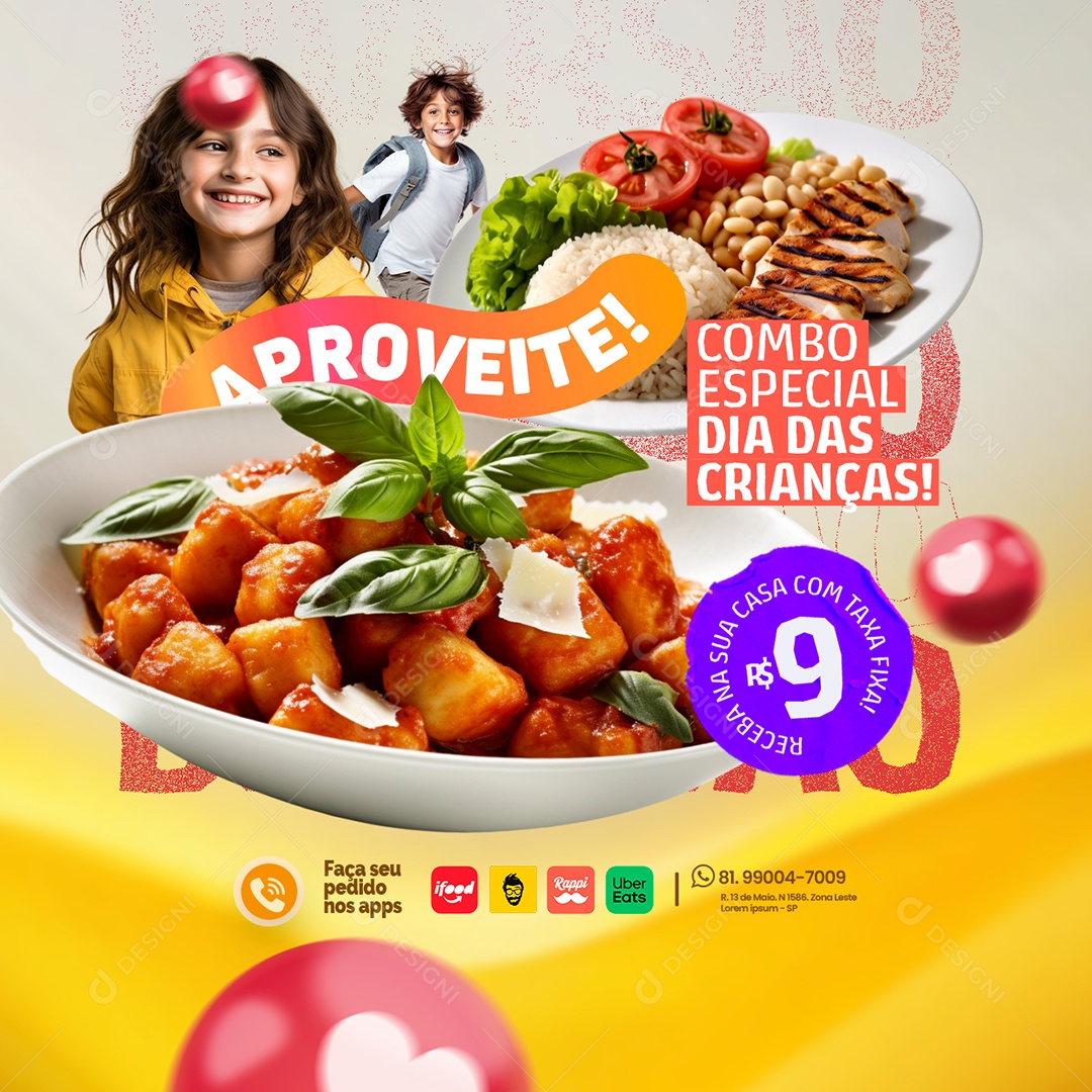 Dia das Crianças Restaurante Combo Especial Aproveite Social Media PSD Editável