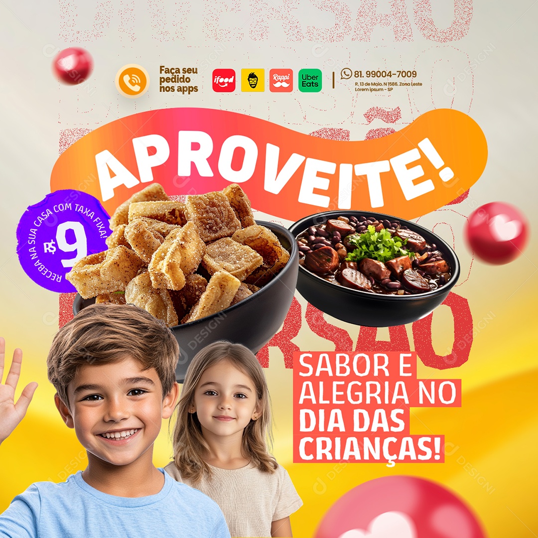 Dia das Crianças Restaurante Sabor e Alegria Social Media PSD Editável