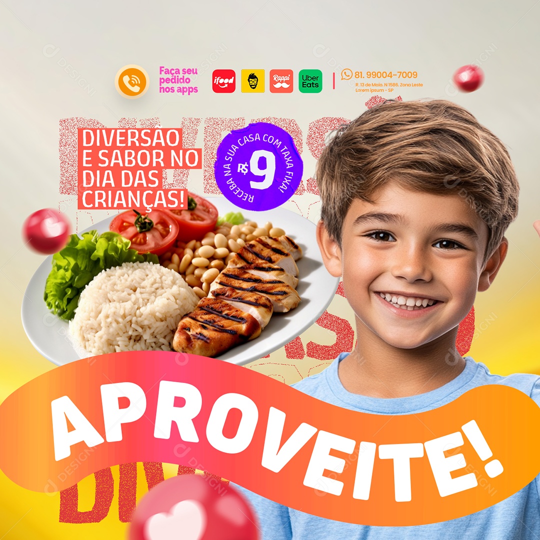 Restaurante Diversão e Sabor no Dia das Crianças Social Media PSD Editável