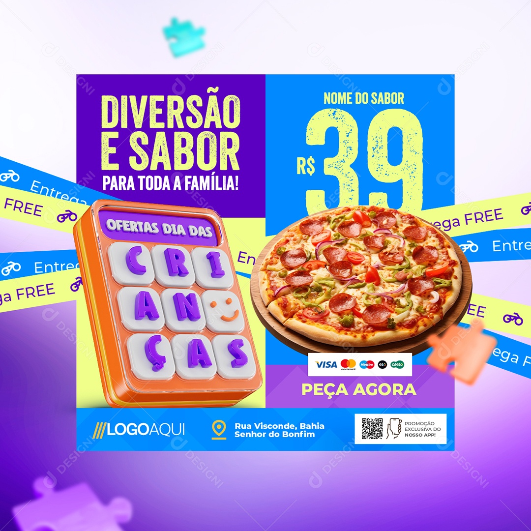 Pizzaria Ofertas Dia das Crianças Diversão e Sabor Social Media PSD Editável
