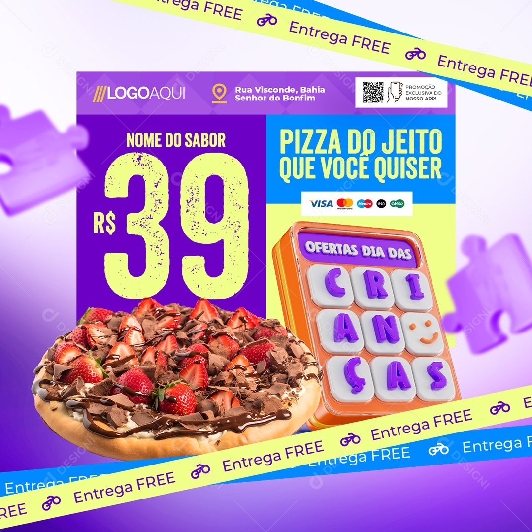 Pizzaria Ofertas Dia das Crianças Pizza do Jeito Que Você Quiser Social Media PSD Editável