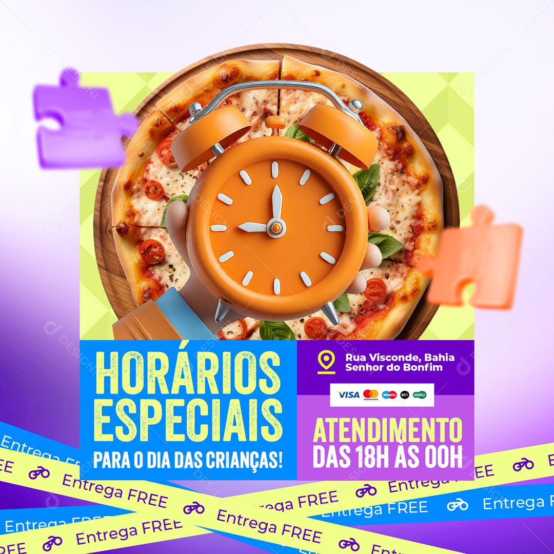 Pizzaria Ofertas Dia das Crianças Horários Especiais Social Media PSD Editável