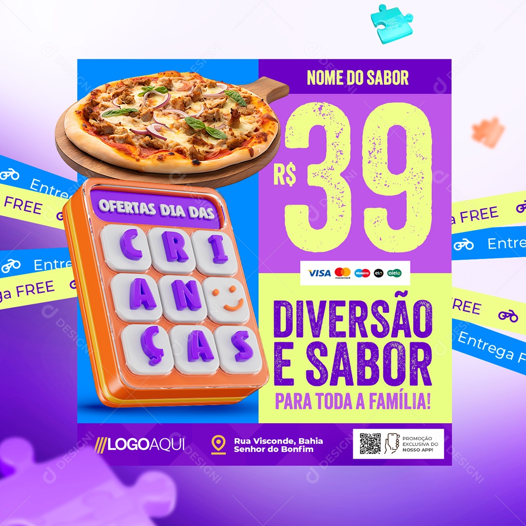 Pizzaria Ofertas Dia das Crianças Diversão e Sabor Para Toda a Família Social Media PSD Editável