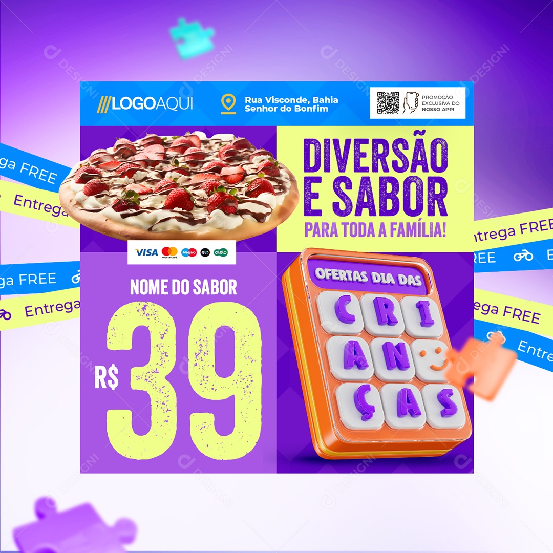Pizzaria Ofertas Dia das Crianças Diversão e Sabor Social Media PSD Editável