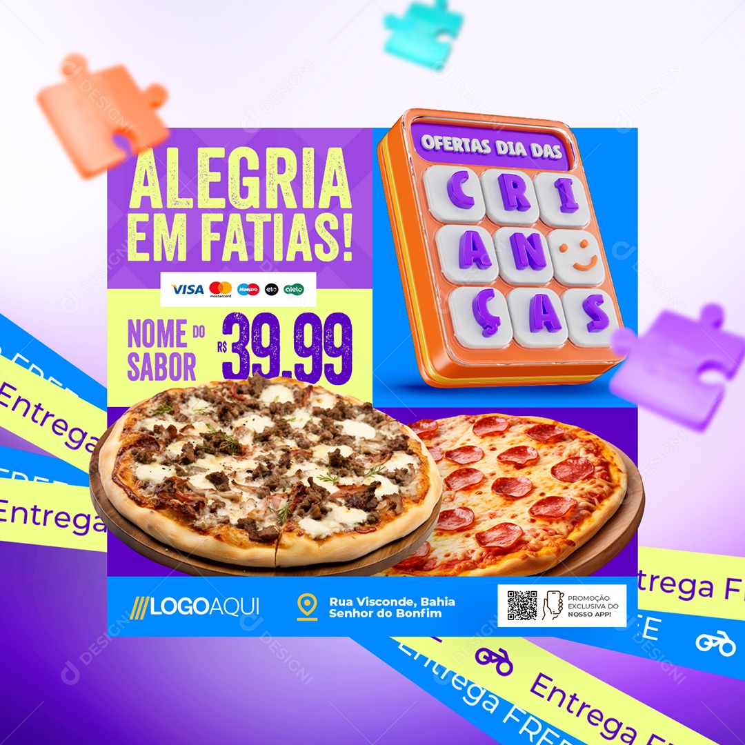 Pizzaria Ofertas Dia das Crianças Alegria em Fatias Social Media PSD Editável
