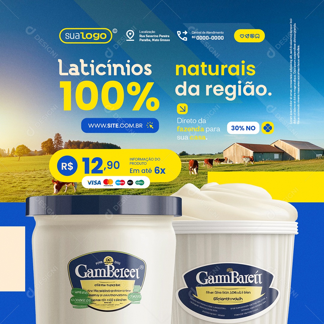 Laticínios 100% Naturais da Região Social Media PSD Editável