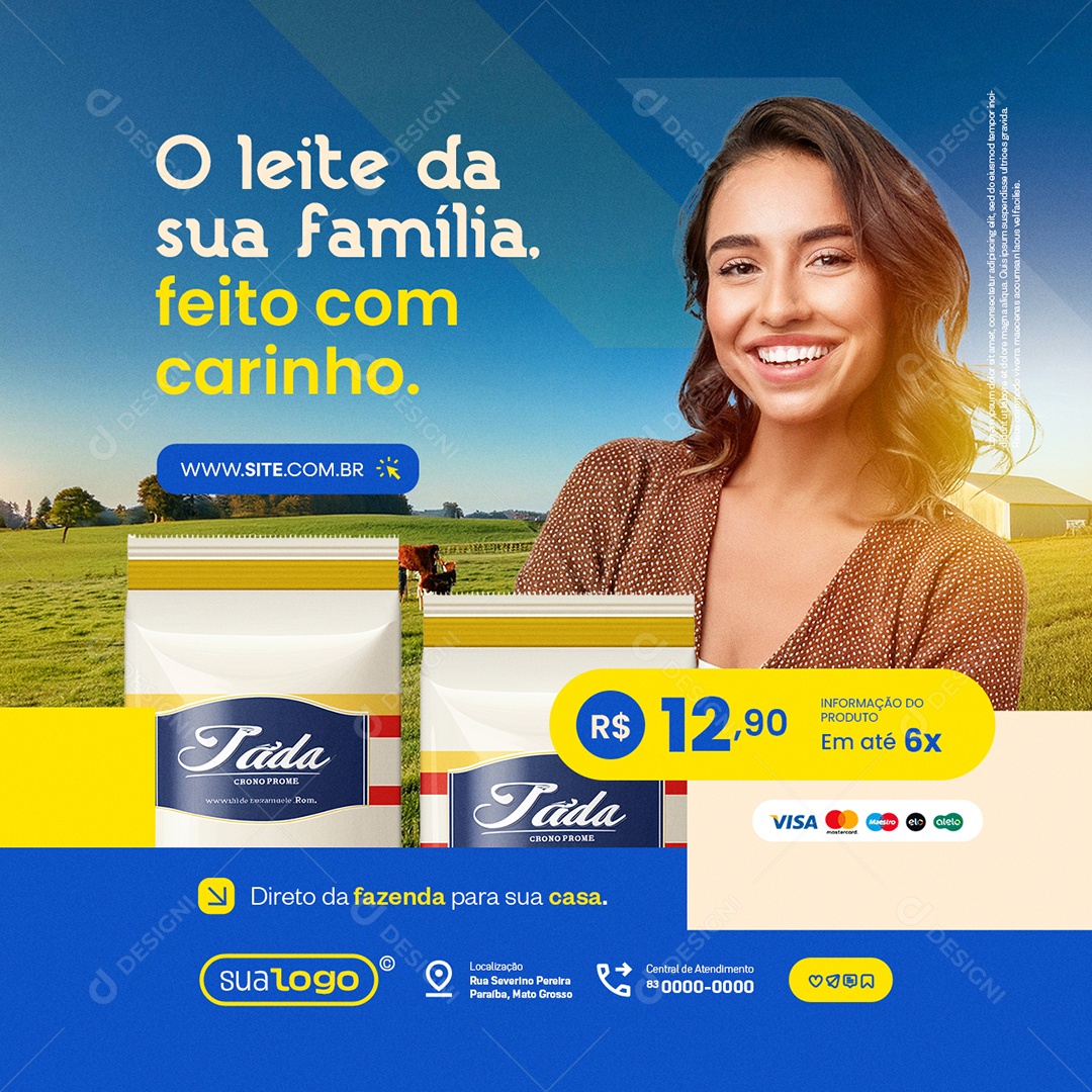 Laticínios O Leite da Sua Família Feito com Carinho Social Media PSD Editável