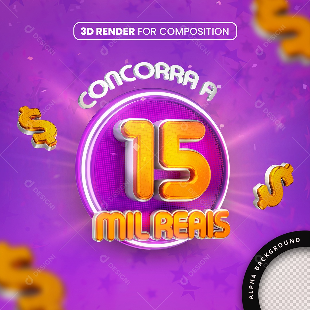 Selo 3D Concorra A 15 Mil Reais Roxo Para Composição PSD