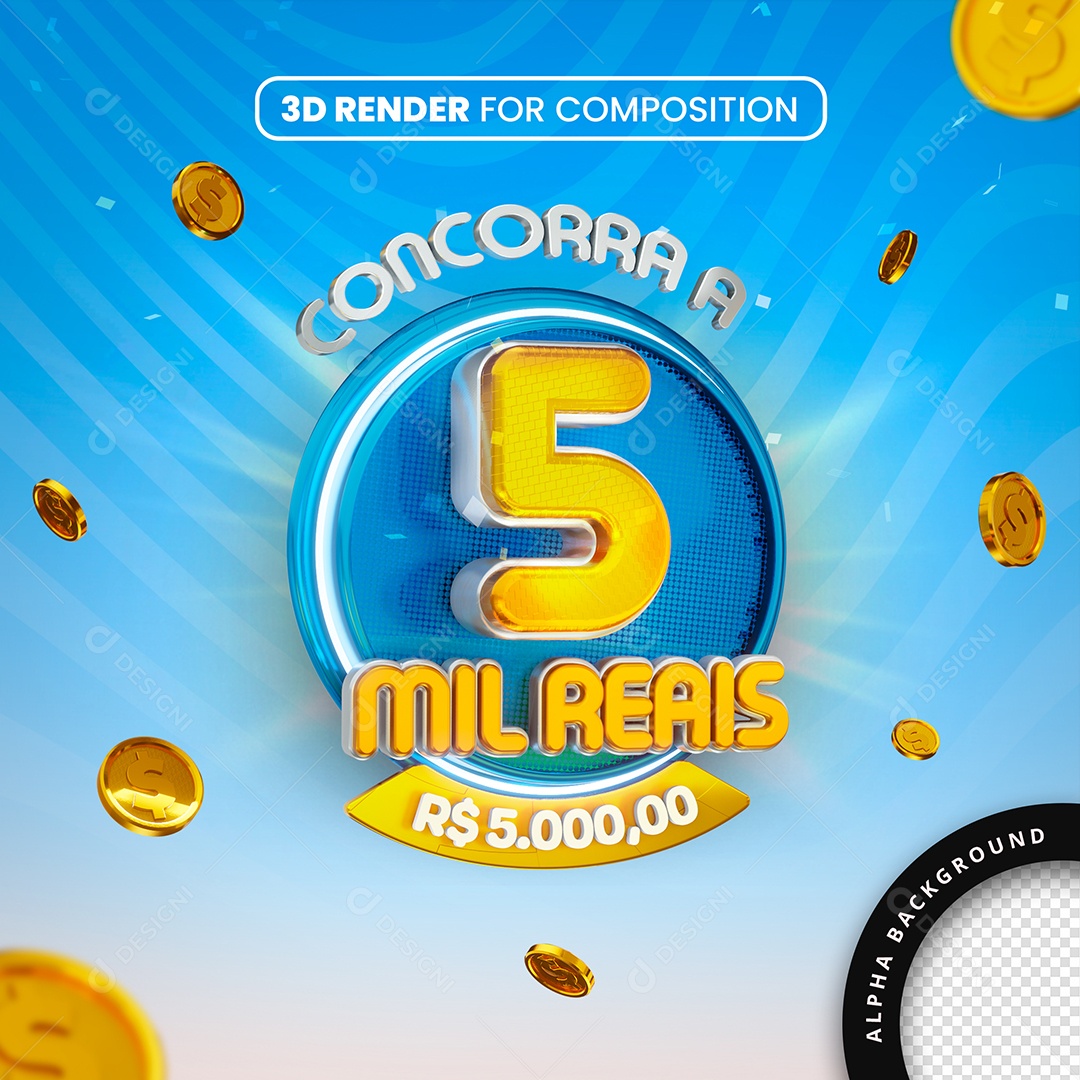 Selo 3D Concorra A 5 Mil Reais Azul Para Composição PSD