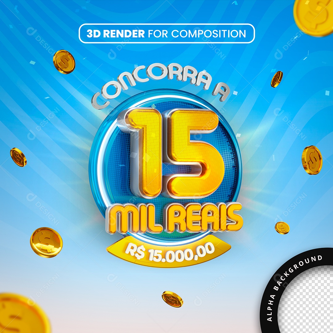 Selo 3D Concorra A 15 Mil Reais Azul Para Composição PSD