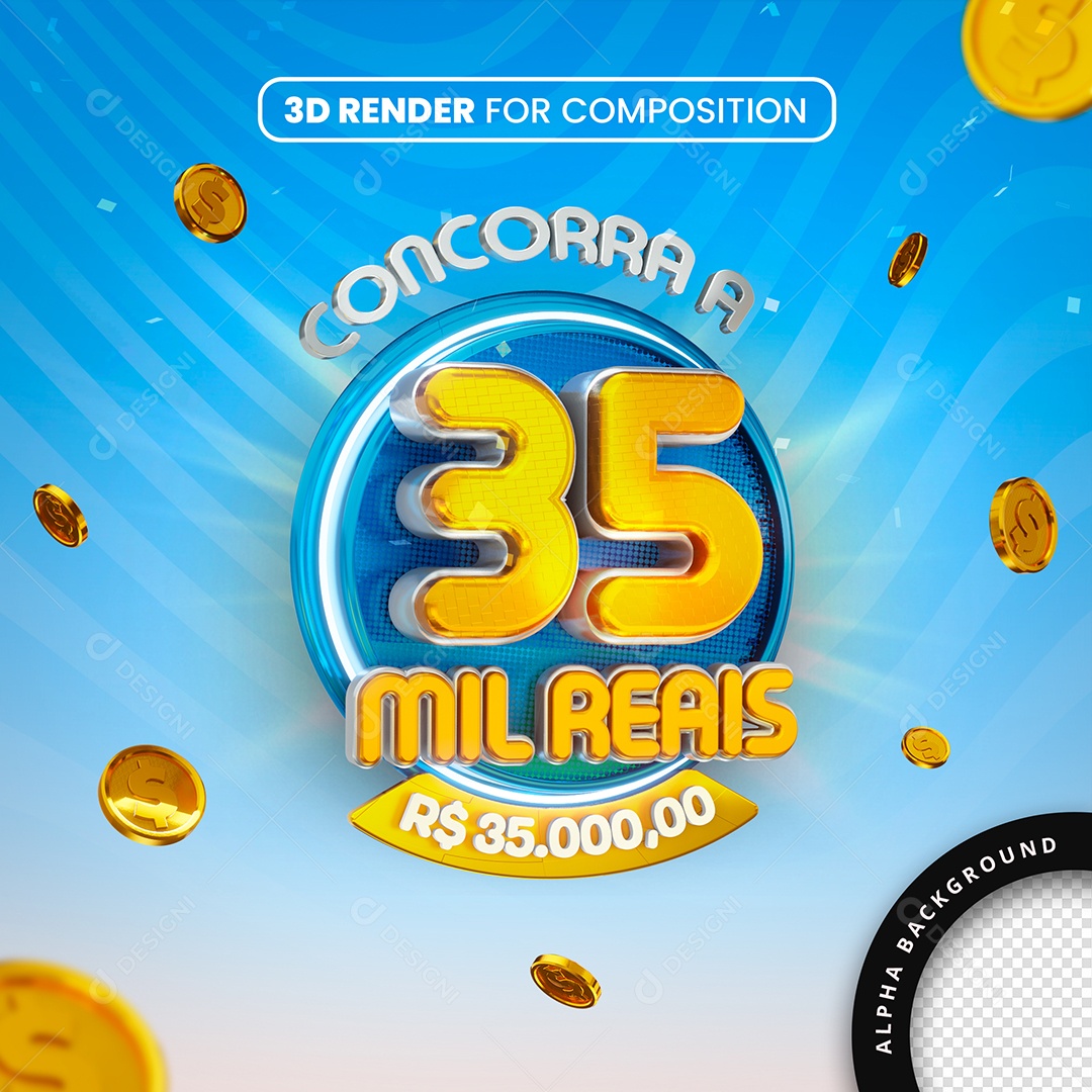 Selo 3D Concorra A 35 Mil Reais Azul Para Composição PSD