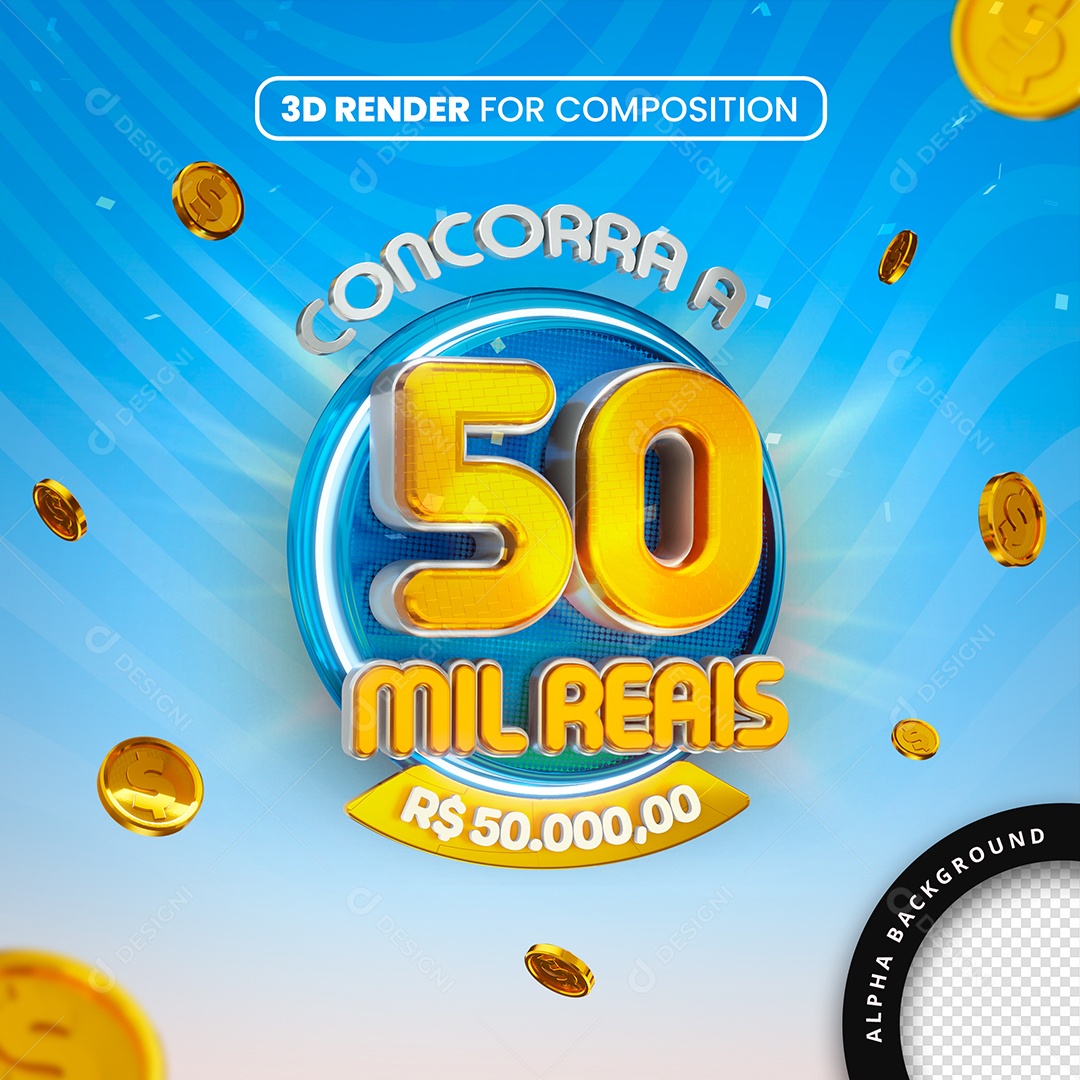Selo 3D Concorra A 50 Mil Reais Azul Para Composição PSD