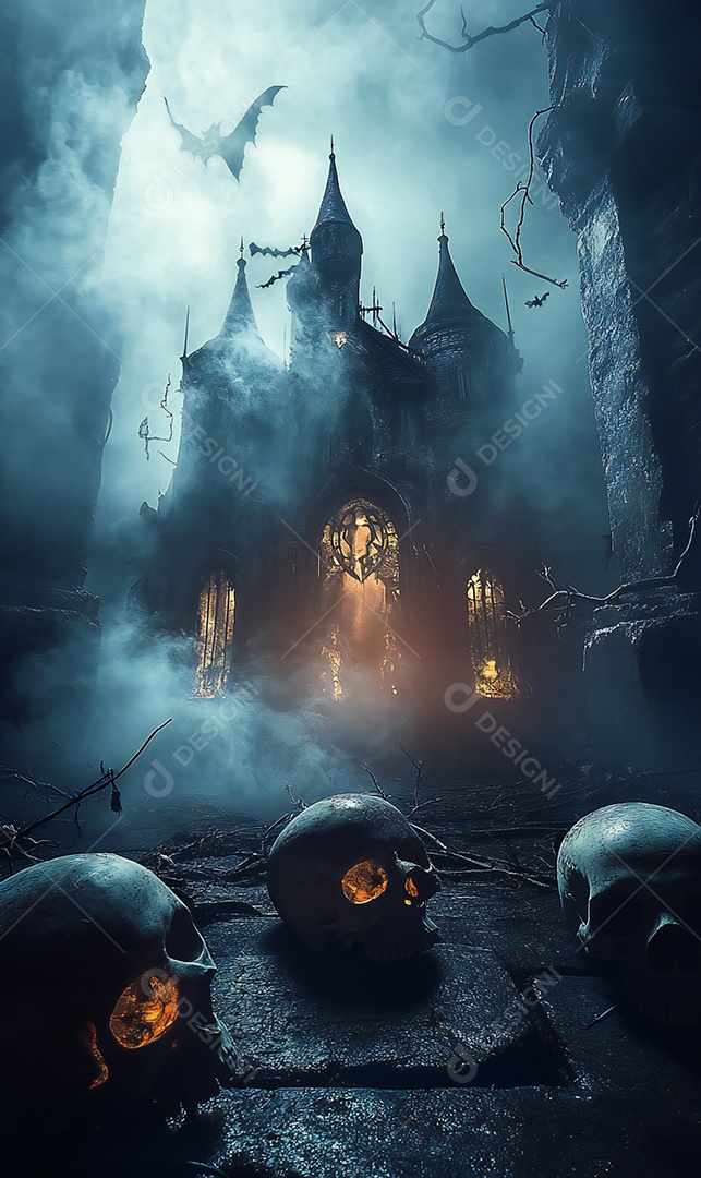 Imagem de halloween terror realista com caveiras no chão