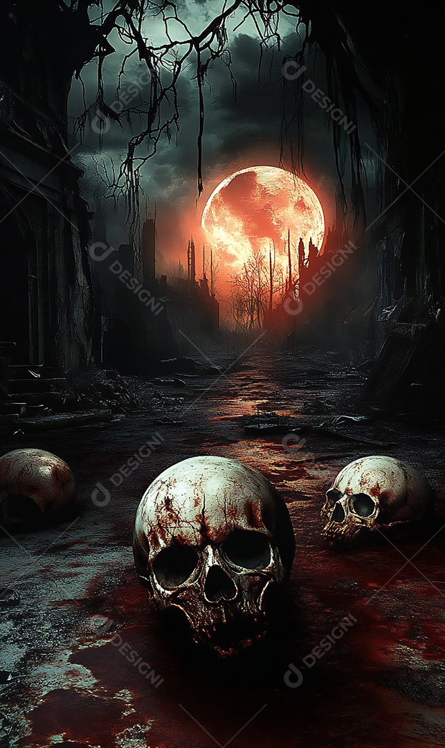 Imagem de terror realista com caveiras no chão