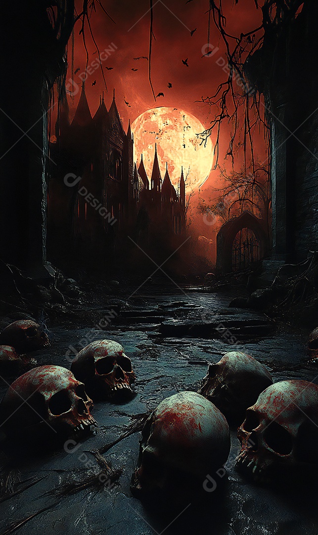 Imagem de terror realista com caveiras no chão