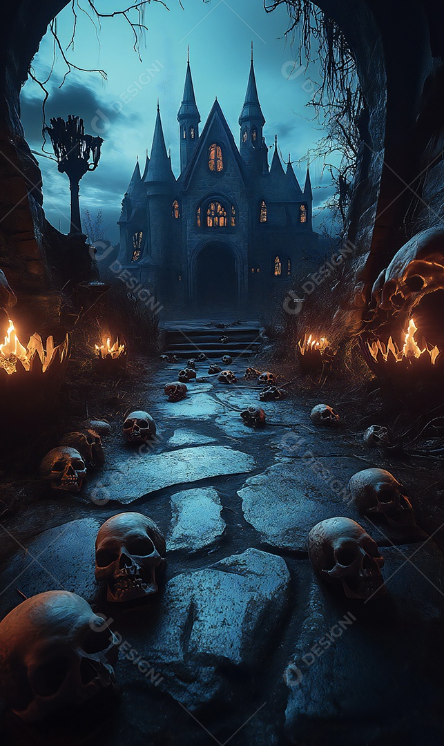 Imagem de terror realista com caveiras no chão