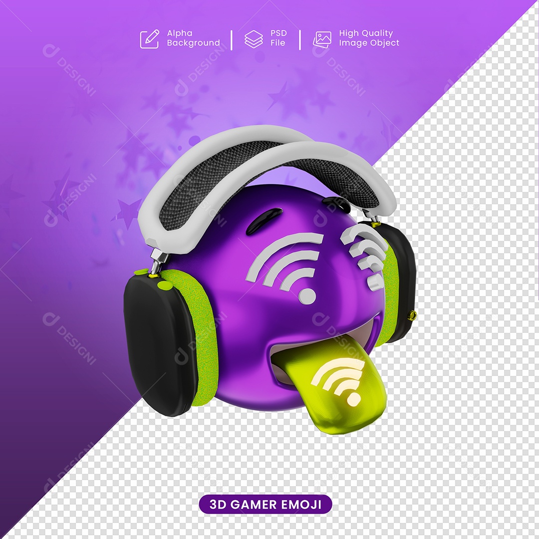 Emoji Gamer Neon Dando Lingua Elemento 3D para Composição PSD