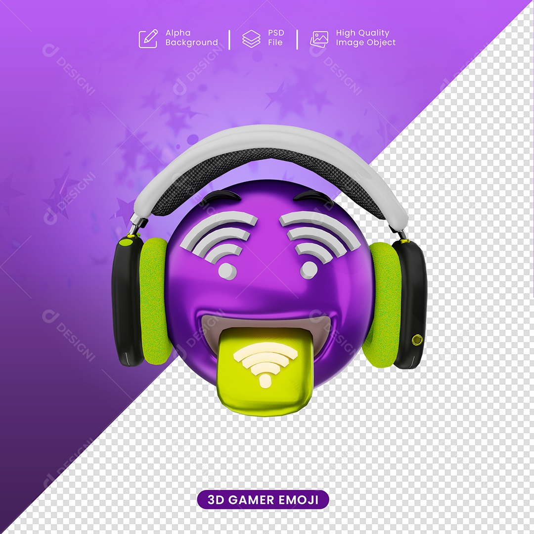 Emoji Gamer Neon Dando Lingua Elemento 3D para Composição PSD