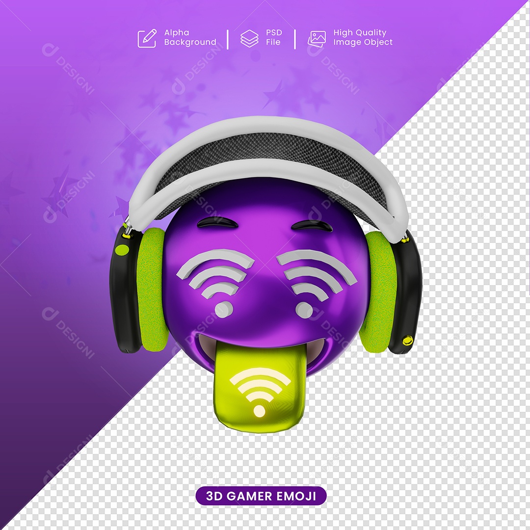 Emoji Gamer Neon Dando Lingua Elemento 3D para Composição PSD
