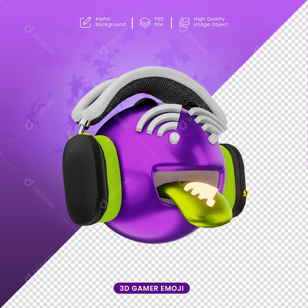 Emoji Gamer Neon Dando Lingua Elemento 3D para Composição PSD