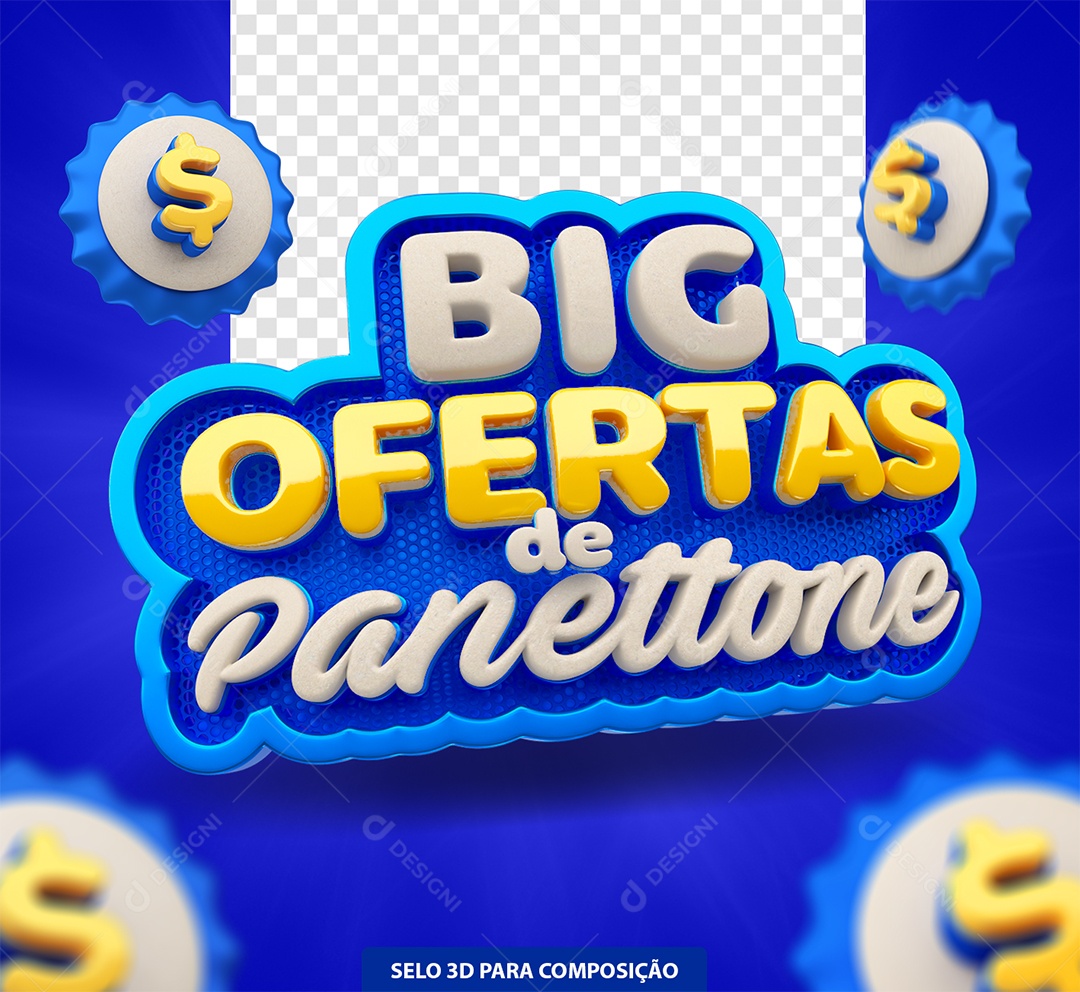 Selo 3D Big Ofertas de Panettone Azul para Composição PSD
