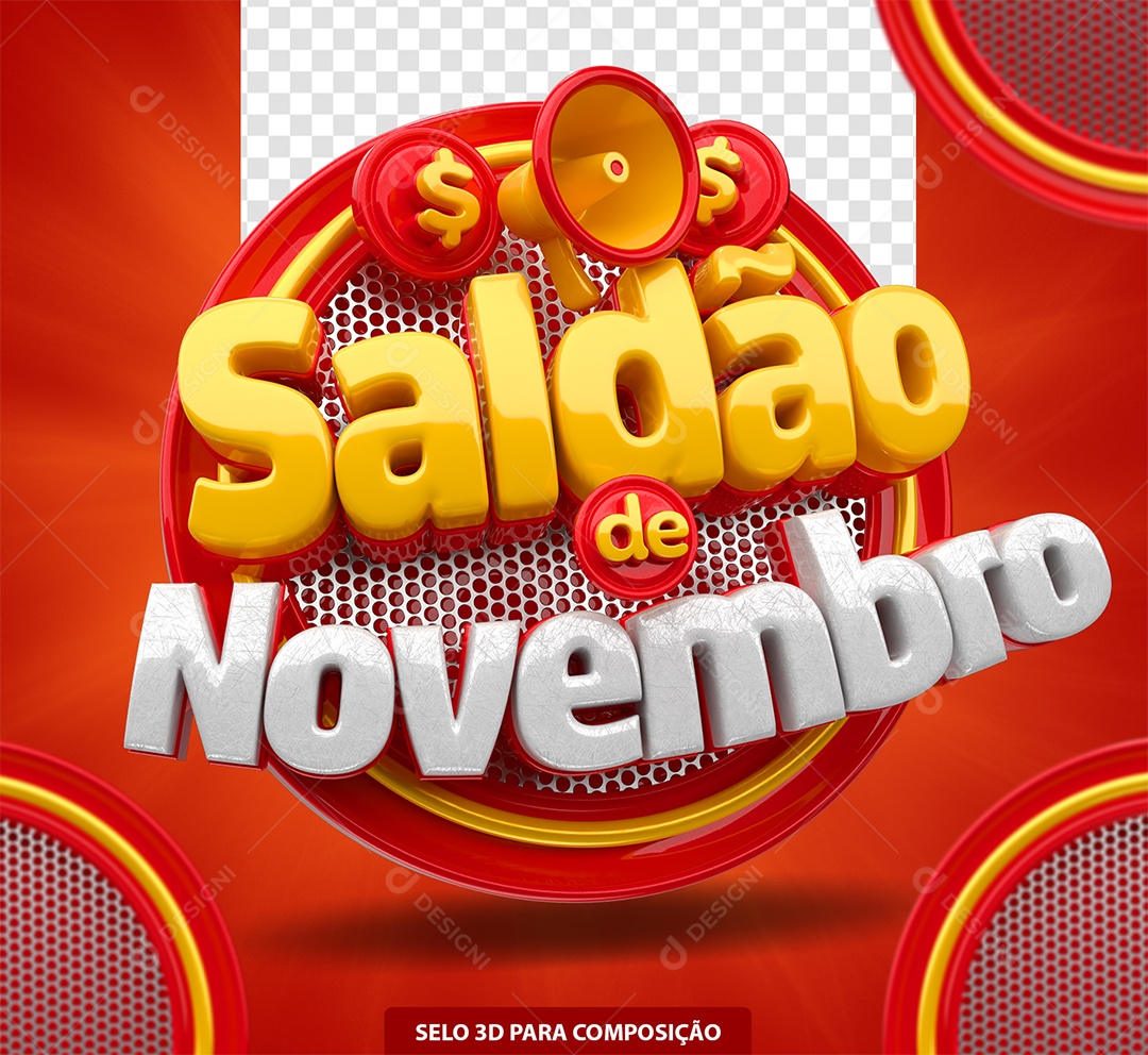 Saldão de Novembro Selo 3D Amarelo e Vermelho para Composição PSD
