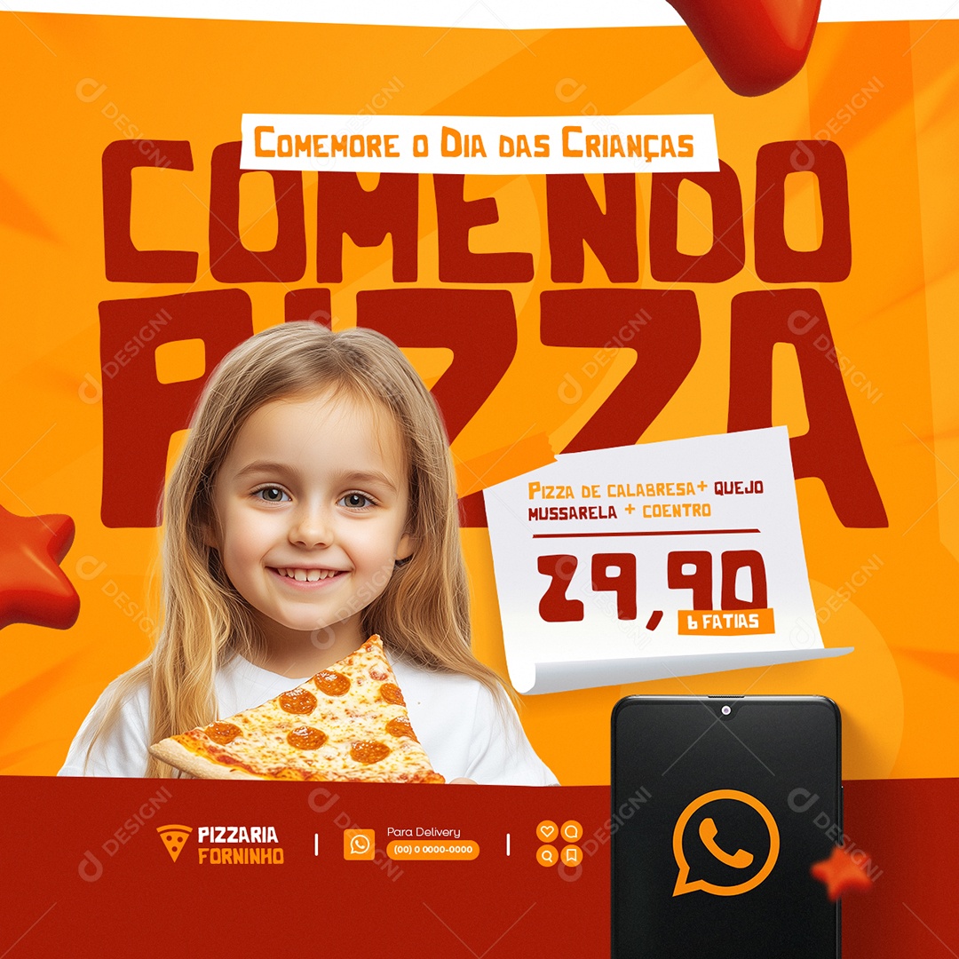 Pizzaria Dia das Crianças Comendo Pizza Social Media PSD Editável