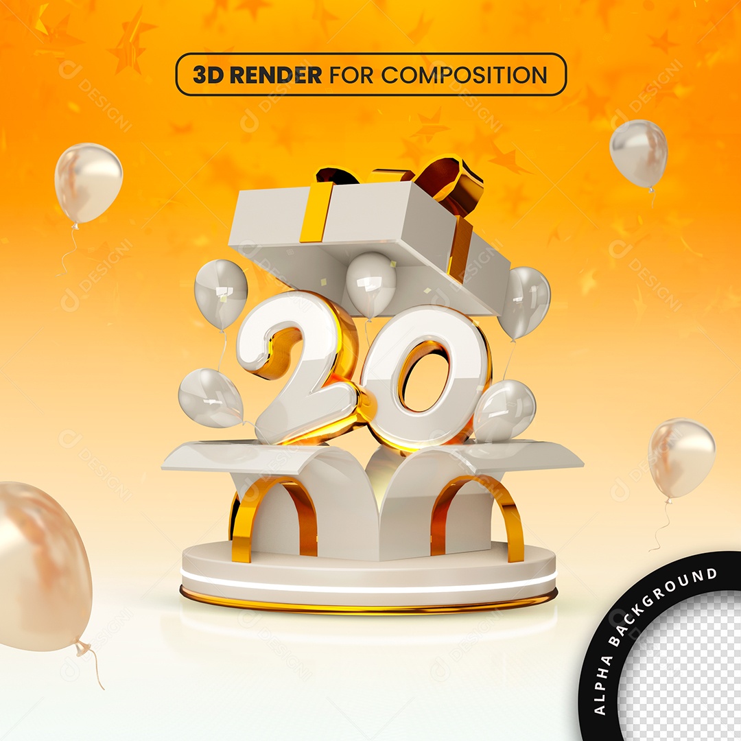 Número 20 Elemento 3D Amarelo Para Composição PSD