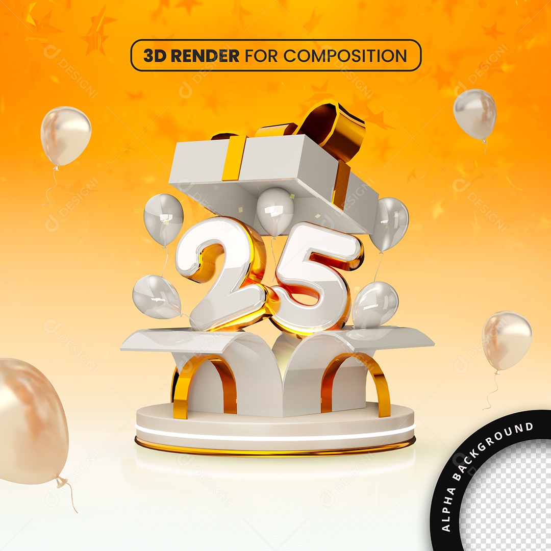 Número 25 Elemento 3D Amarelo Para Composição PSD