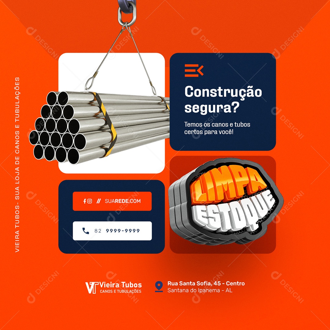 Loja de Canos e Tubulações Limpa Estoque Construção Segura Social Media PSD Editável