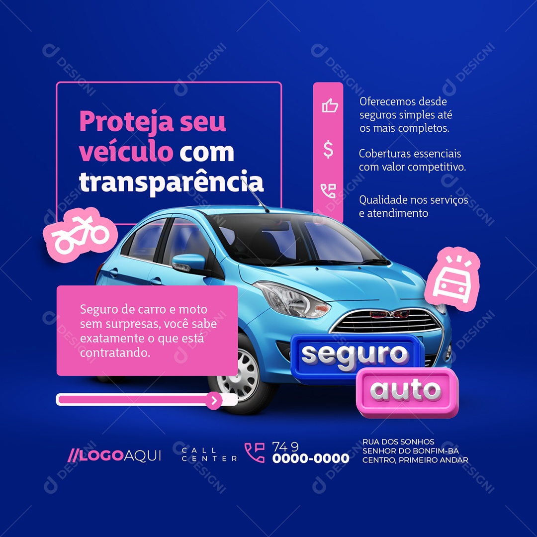 Seguro Auto Seguradora Proteja seu Veículo com Transparência Social Media PSD Editável