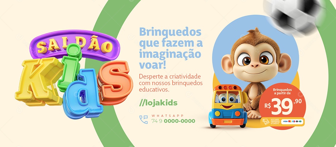 Banner Saldão Kids Loja Brinquedos Que Fazem a Imaginação Voar Social Media PSD Editável