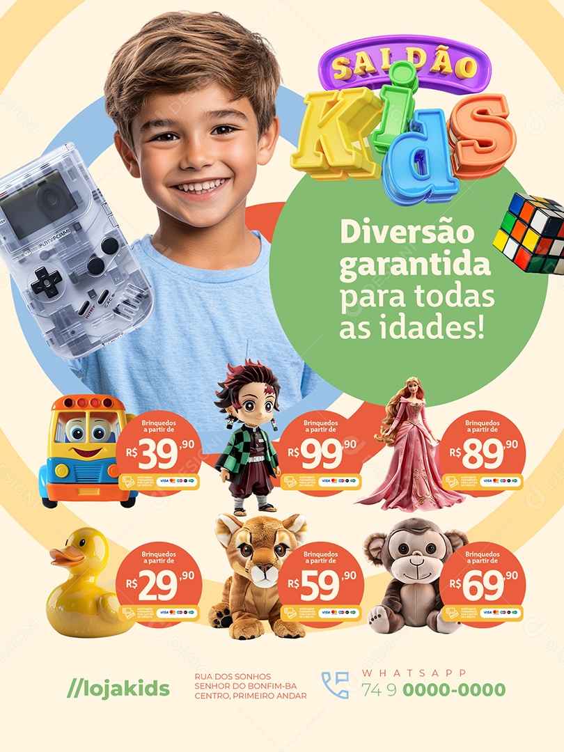 Saldão Kids Loja Encarte Diversão Garantida Social Media PSD Editável