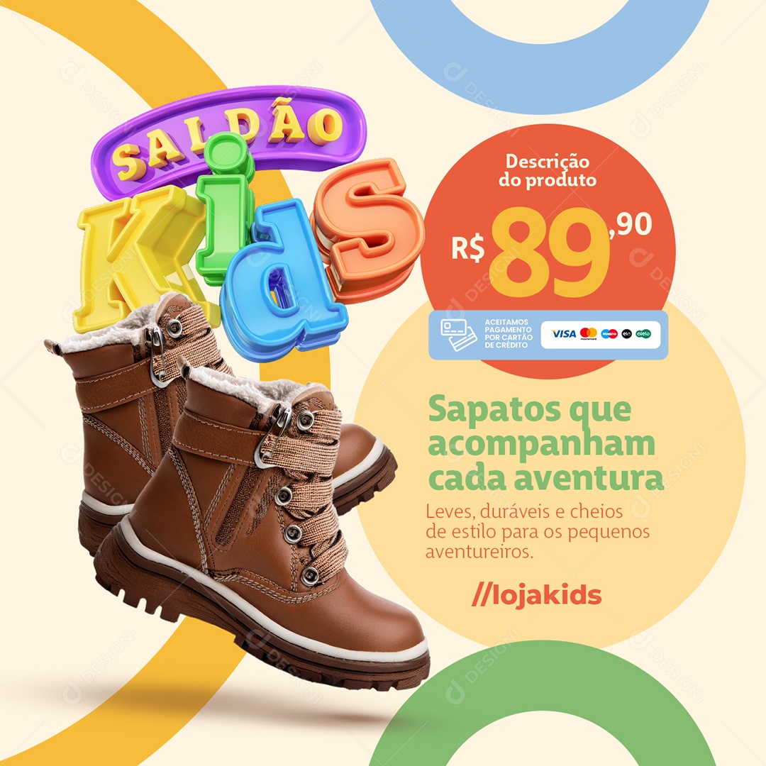 Saldão Kids Loja Sapatos Que Acompanham Cada Aventura Social Media PSD Editável