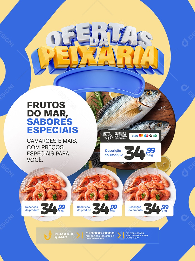 Ofertas da Peixaria Encarte Camarões e Mais Social Media PSD Editável