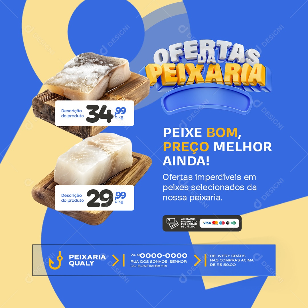 Ofertas da Peixaria Peixe Bom Preço Melhor Social Media PSD Editável