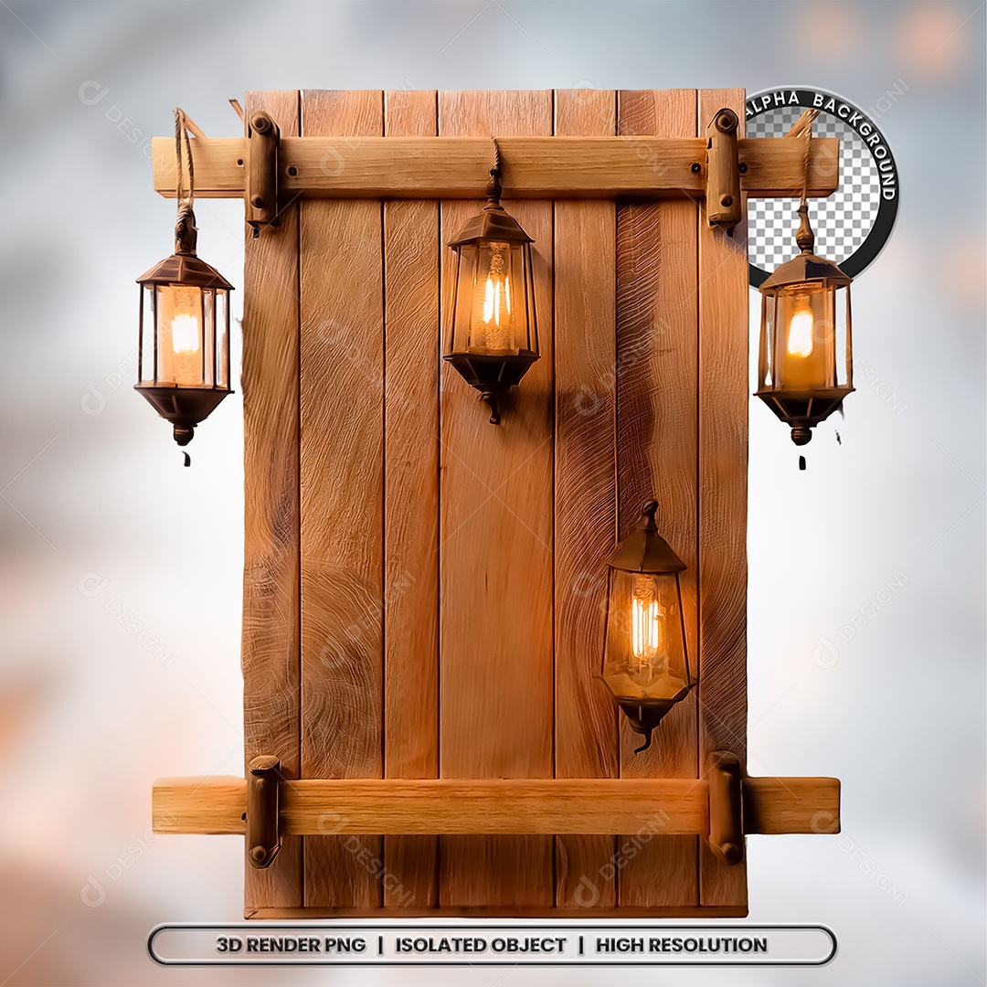 Elemento 3D Placa de Madeira com Lâmpadas para Composição PSD