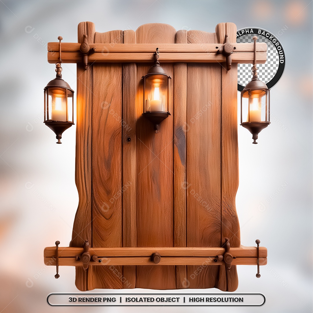 Elemento 3D Placa de Madeira com Lâmpadas para Composição PSD
