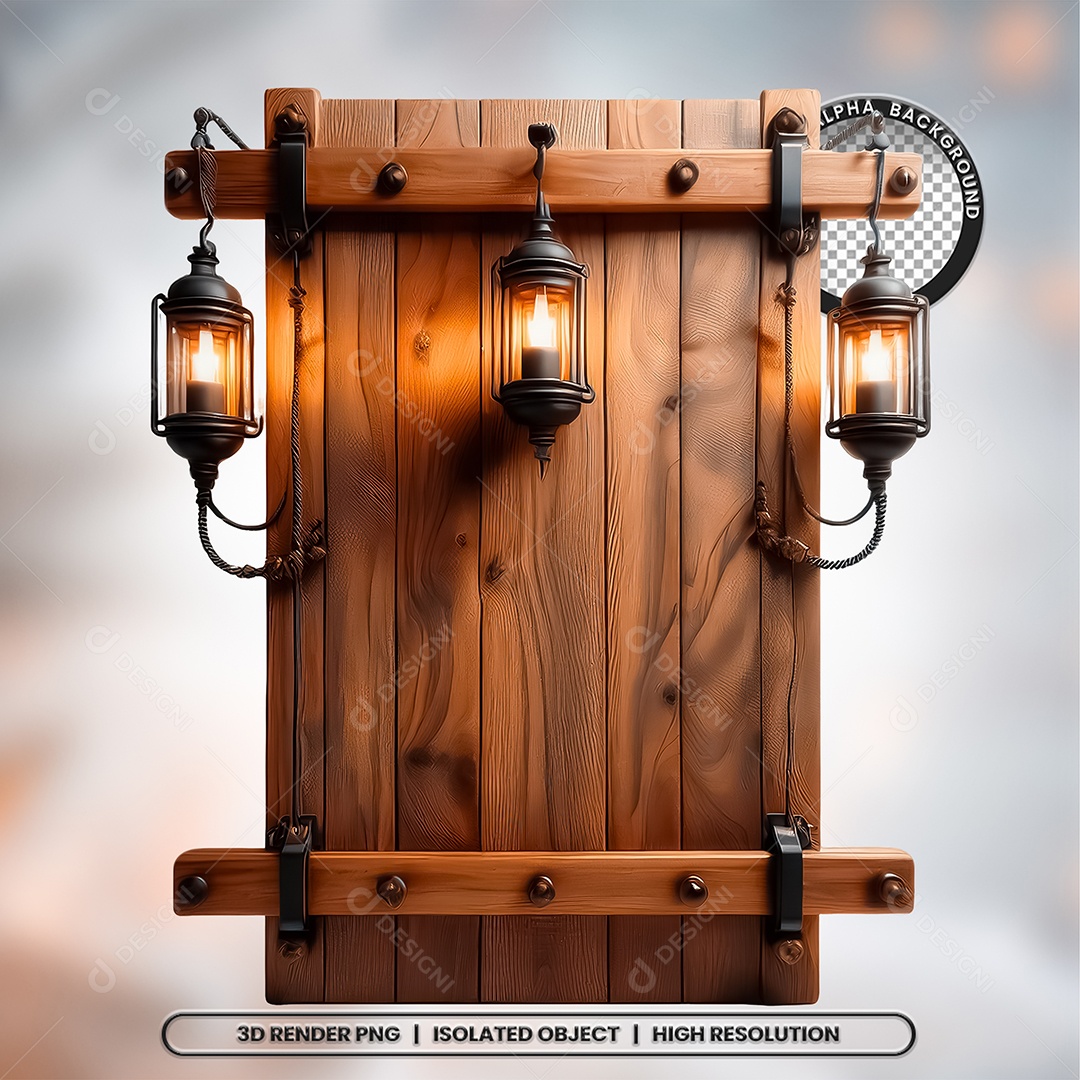 Elemento 3D Placa de Madeira com Lâmpadas para Composição PSD
