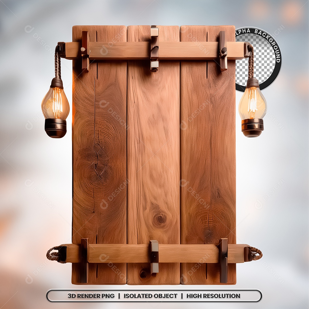Elemento 3D Placa de Madeira com Lâmpadas para Composição PSD