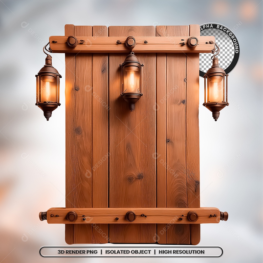 Elemento 3D Placa de Madeira com Lâmpadas para Composição PSD